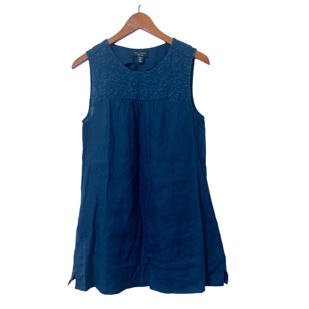Willi‎ Smith Linen Sleeveless Embroidered Tunic Top Blue Size S Boho Minimalist